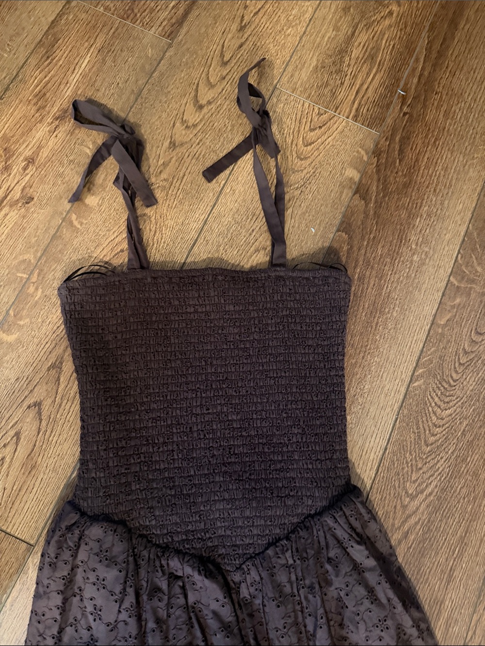 Wayf Brown Smocked Maxi Dress with Eyelet Skirt - Picture 2 of 3